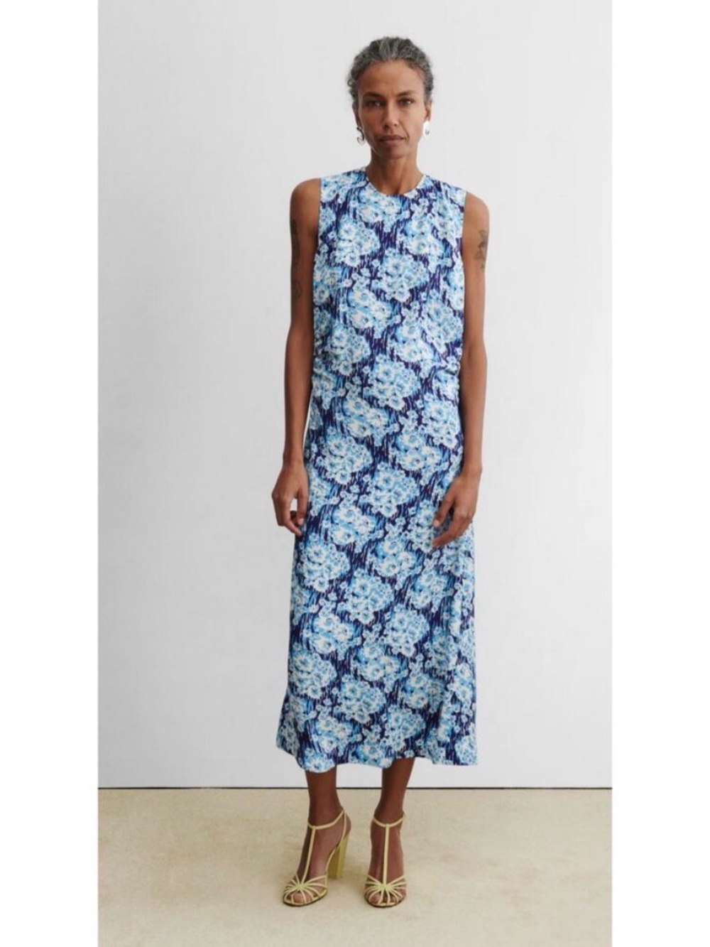 Rachel Comey Floral Blue Sleeveless Ruched Midi Dress Tousey Size 4